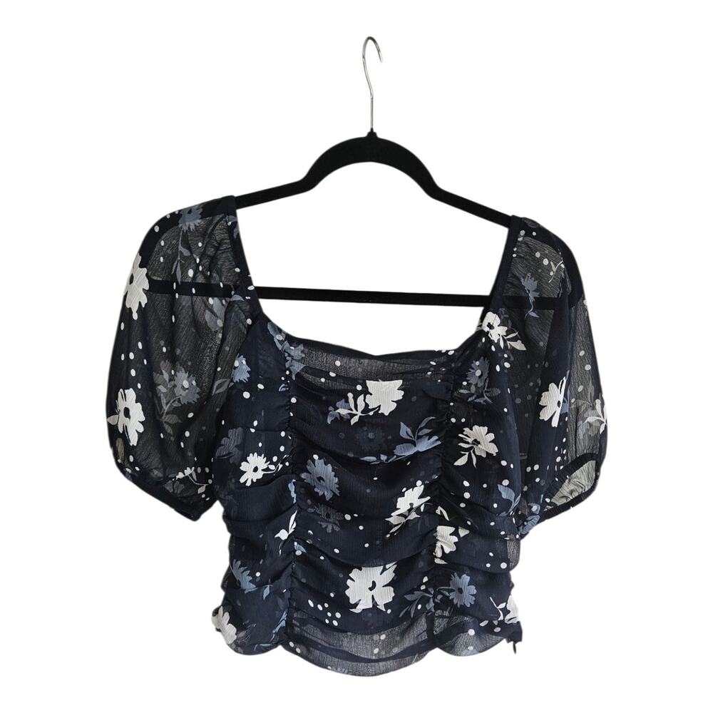 Express NWT Womens XS Top Sheer Cropped Ruching Unlined Side Zip S/S Navy/White